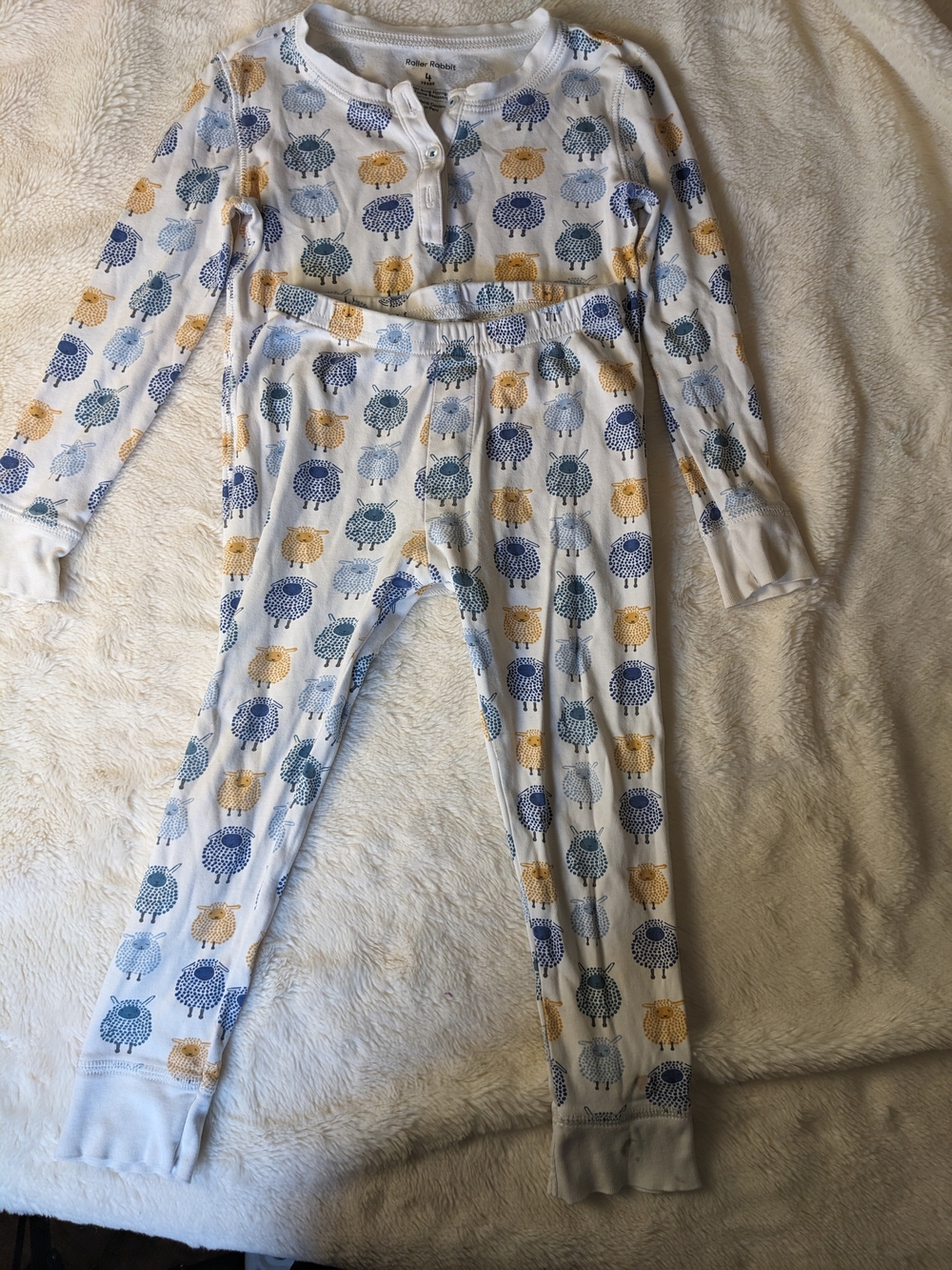 Roller Rabbit Kids' White Pajama Set with Blue & Yellow Sheep
